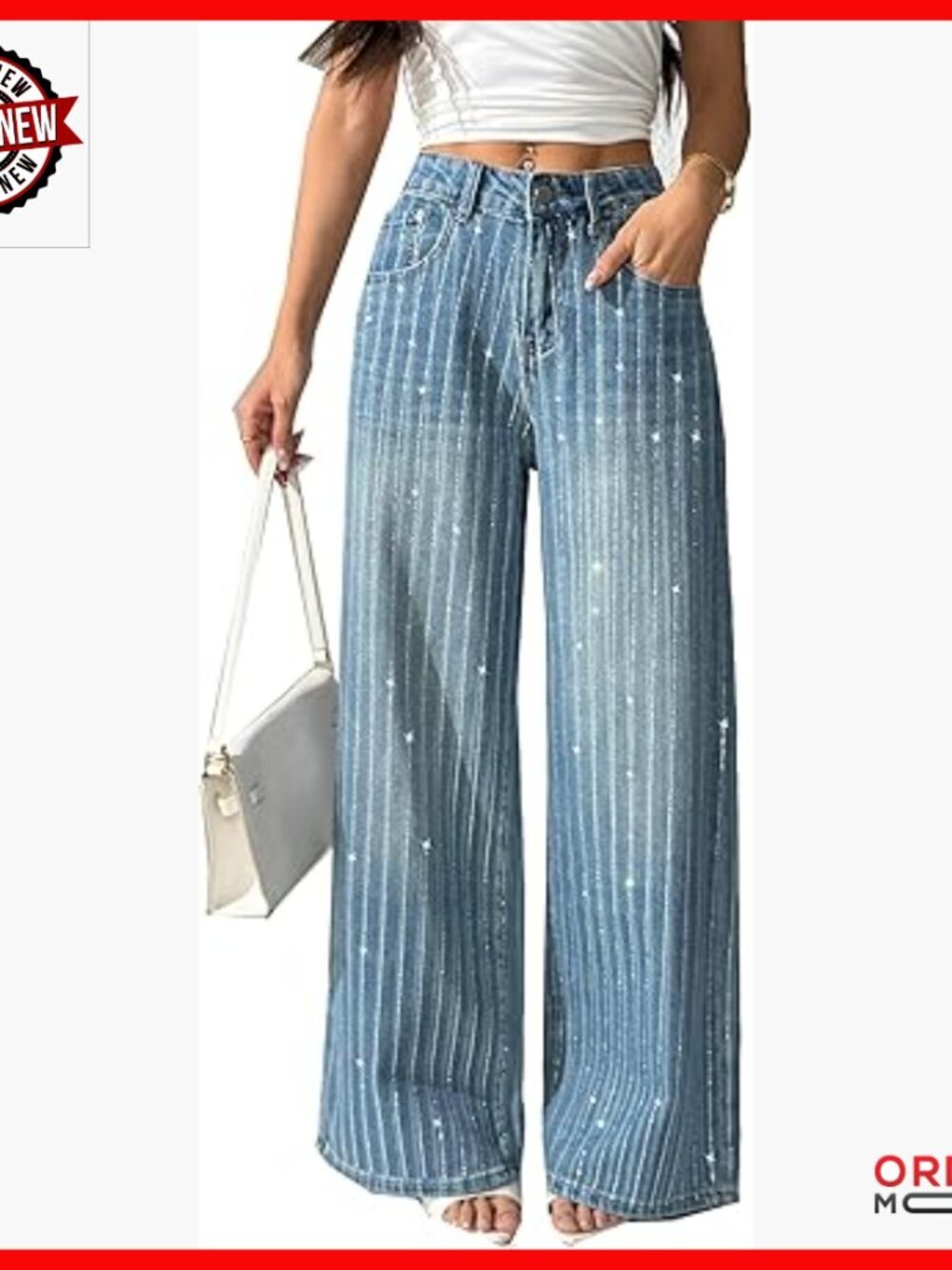 High Waist Wide Leg Rhinestone Jeans Sparkle Sequin Trouser Y2K Retro